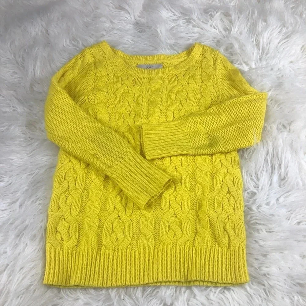 LOFT Ann Taylor Cable Knit Crewneck Pullover Sweater XS Sunshine Yellow 6104